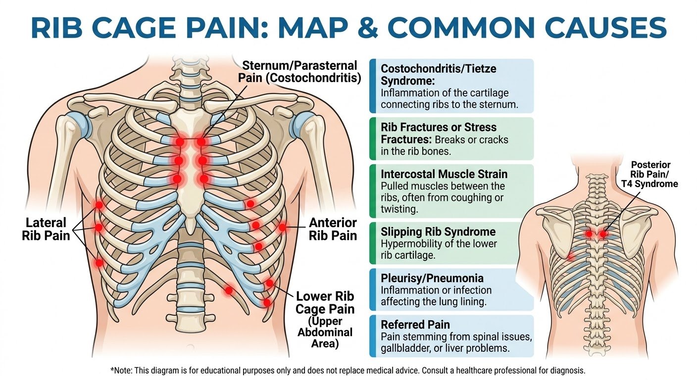 Rib cage pain map showing costochondritis at the sternum, plus lateral, anterior, lower and posterior rib pain areas