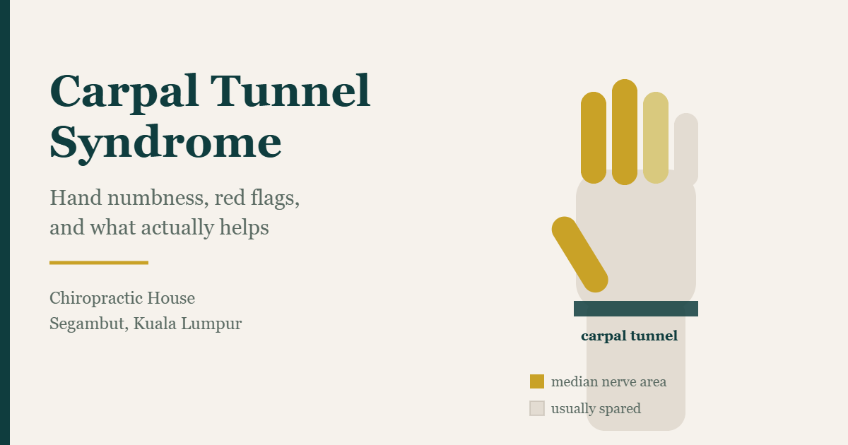 Diagram of a hand showing the carpal tunnel and the median nerve numbness pattern in carpal tunnel syndrome, affecting the thumb, index, middle and half the ring finger while the little finger is spared.