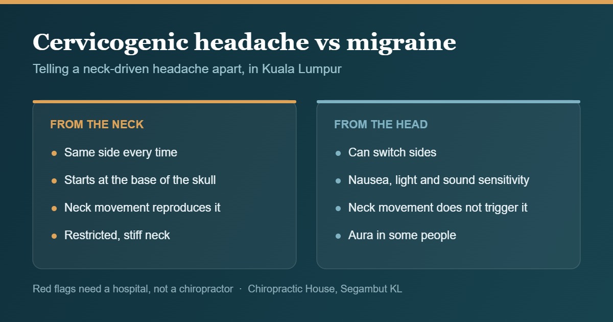 Comparison graphic: cervicogenic headache starts at the base of the skull and stays on one side, while migraine can switch sides and brings nausea and light sensitivity.