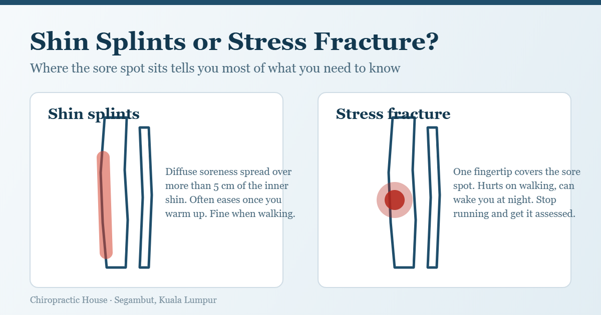 Diagram comparing shin splints and a tibial stress fracture: shin splints shown as diffuse soreness spread along more than 5 cm of the inner shin bone, and a stress fracture shown as a single fingertip-sized point of pain on the tibia.