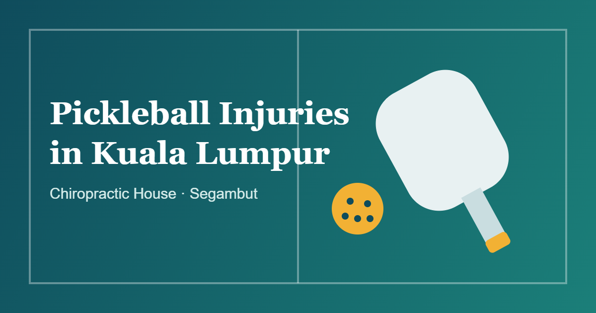 Illustration of a pickleball paddle and ball on a green court background with the title Pickleball Injuries in Kuala Lumpur